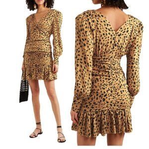NICHOLAS Tan and Black Leopard-Print Long Sleeve Ruched Mini Dress